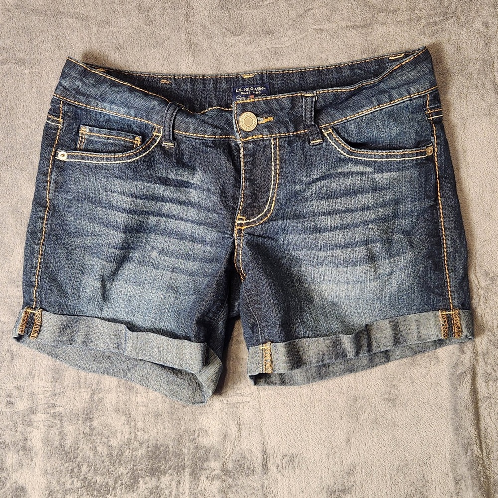 US Polo Assn Girls Denim Shorts Dark Wash Cuffed Size 5/6 212552B1